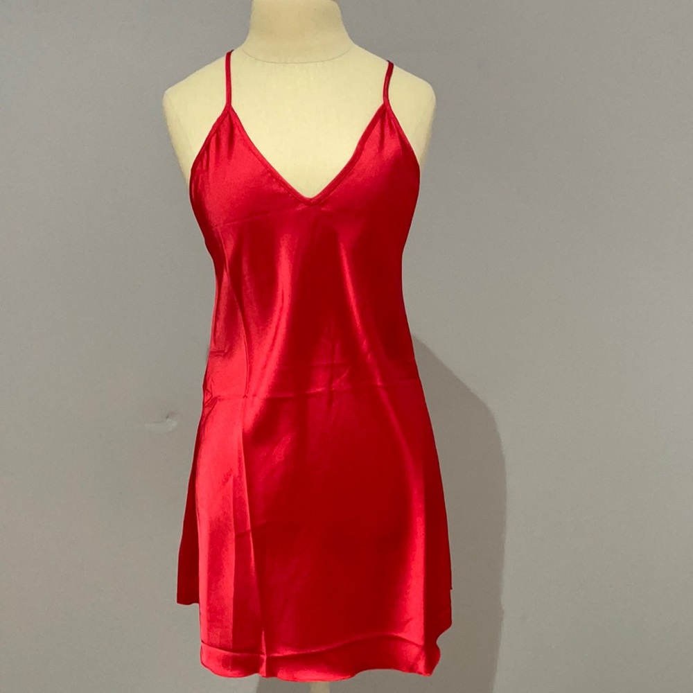 Red open back slip dress